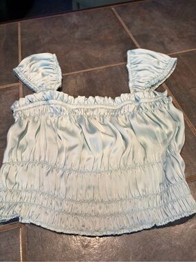 Free People Pale Mint Blue Smocked Satin Crop Tank- intimately FP, small